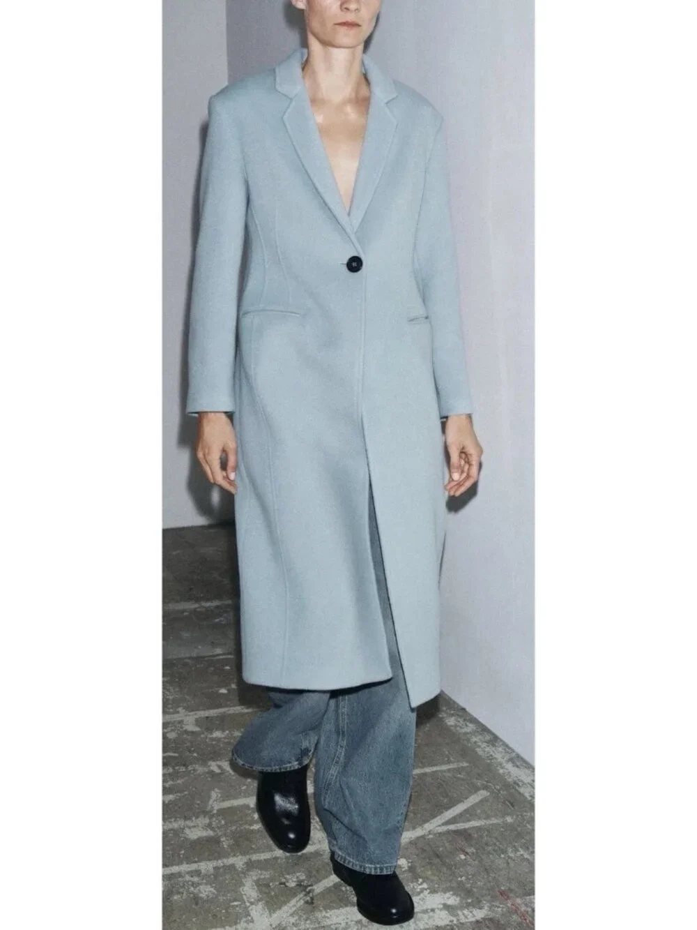 Zara Womens Long Coat XS Sky Blue Wool Collection Italian Fabric 8882/805 NWT